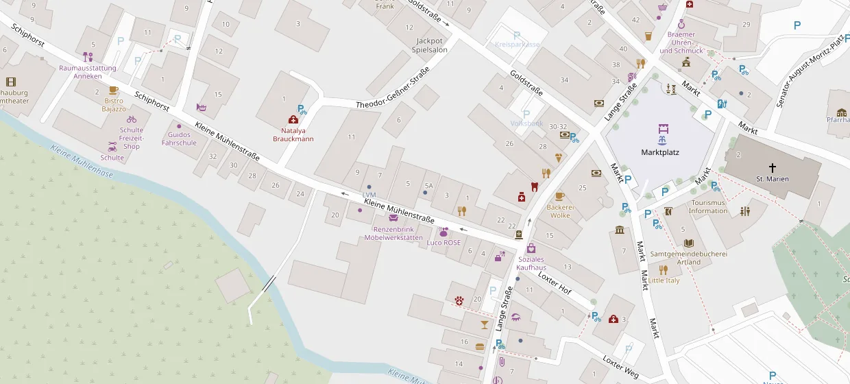Kartenausschnitt der Quakenbrücker Altstadt: Das Büro in der Kleinen Mühlenstraße 5a liegt wenige Gehminuten westlich des Marktplatzes.